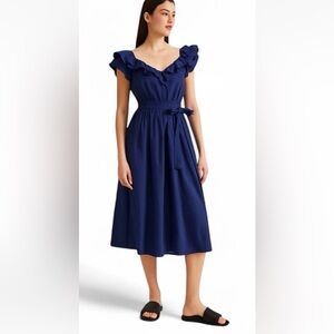 Hill House Ava Dress Ruffle Sleeve Navy Cotton Poplin Midi smocked back